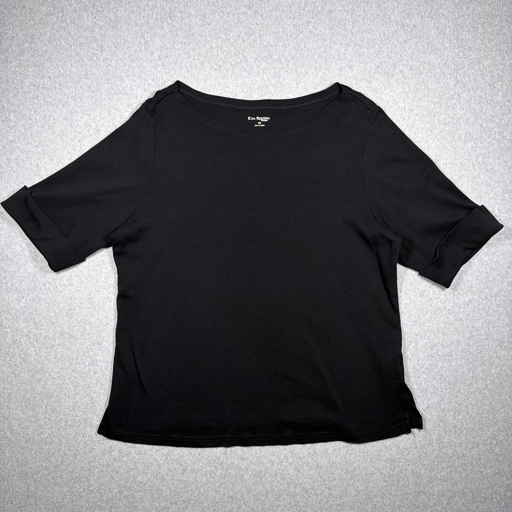 Kim Rogers Woman Black Cotton Boat Neck Cuffed Short Sleeve T-Shirt 2X